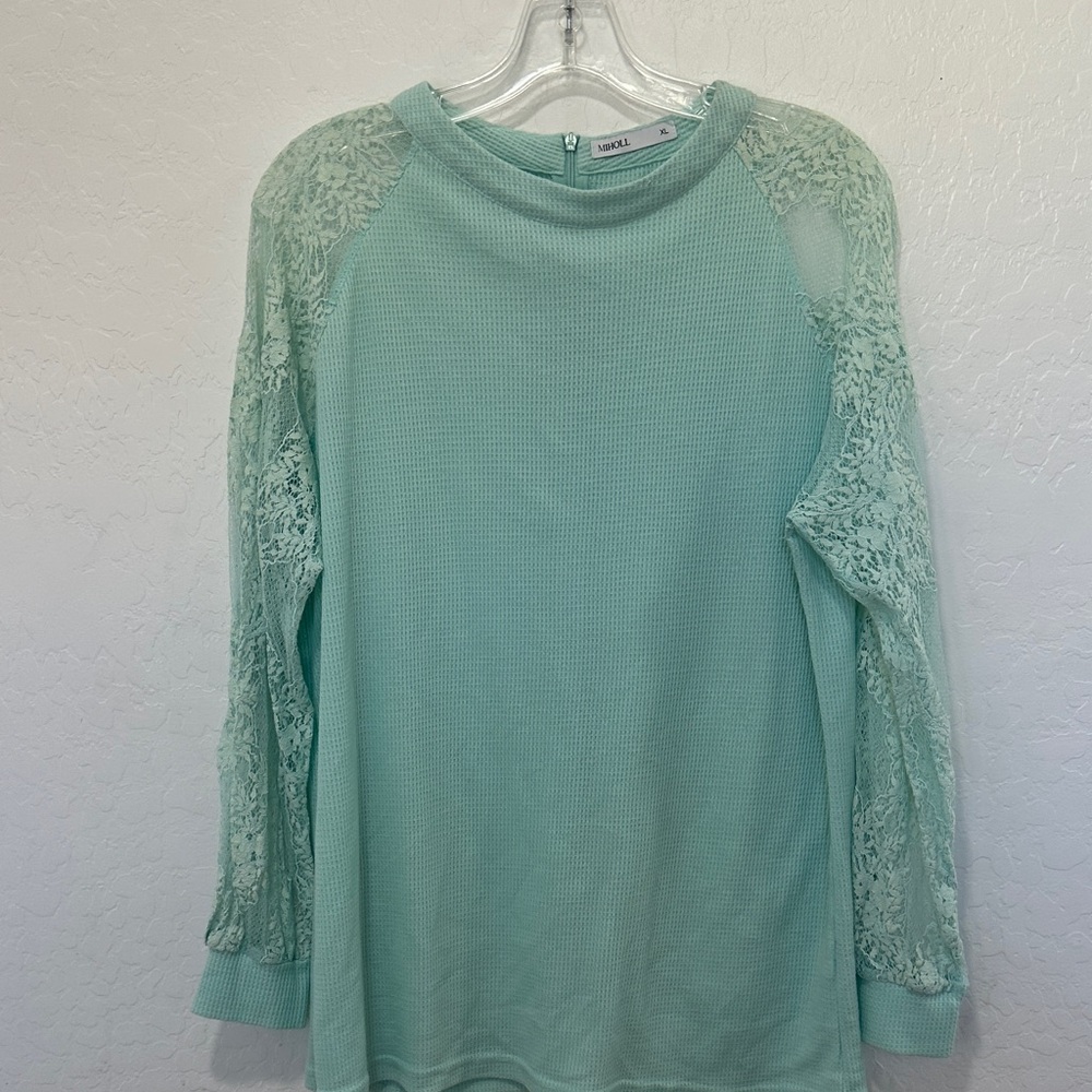 MIHOLL Women's Long Sleeve Tops Lace‎ Casual Loose Blouses Mint Green Lace Top